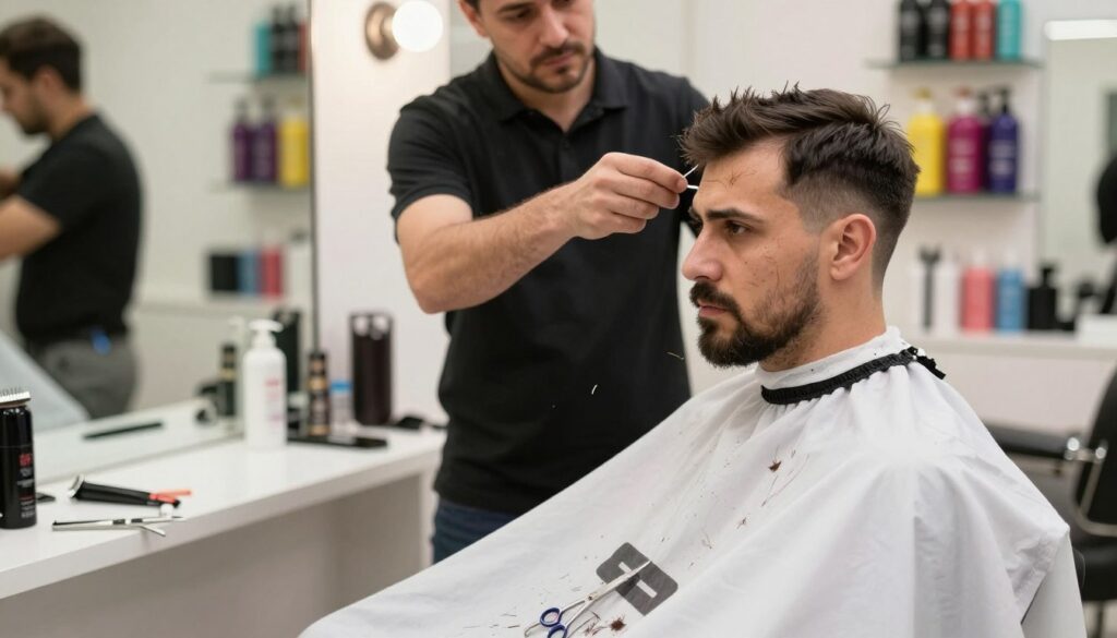 A barber's chair in a brightly lit salon, with a focused middle-aged man in professional attire carefully attempting to cut his own hair in a mirror. His expression shows concentration and a hint of uncertainty as uneven hair clippings fall onto a white cape draped over him. In the foreground, a pair of scissors and a hair clipper lie on the countertop, emphasizing the theme of self-styling mistakes. The background features salon mirrors and colorful hair products neatly arranged on shelves, creating an atmosphere of a busy barbershop. Soft, warm lighting enhances the scene, highlighting the intricate details of the hair clippings and the man's determination to achieve a military-style haircut despite visible errors.