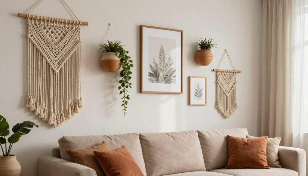 A beautifully arranged boho-style wall decor above a modern sofa in a cozy living room. The foreground features macramé wall hangings and woven tapestries in warm earth tones, intricately designed and textured. In the middle, a collection of handmade ceramic wall planters with trailing plants adds depth, while a few framed nature-inspired prints create a focal point. The background showcases soft, natural lighting filtering through sheer curtains, enhancing the inviting atmosphere. A neutral color palette of beige, terracotta, and olive green unifies the design, evoking a tranquil and artistic vibe. The scene captures the essence of bohemian craftsmanship in a homey environment, ideal for a stylish and personal living space. A beautifully arranged boho-style wall decor above a modern sofa in a cozy living room. The foreground features macramé wall hangings and woven tapestries in warm earth tones, intricately designed and textured. In the middle, a collection of handmade ceramic wall planters with trailing plants adds depth, while a few framed nature-inspired prints create a focal point. The background showcases soft, natural lighting filtering through sheer curtains, enhancing the inviting atmosphere. A neutral color palette of beige, terracotta, and olive green unifies the design, evoking a tranquil and artistic vibe. The scene captures the essence of bohemian craftsmanship in a homey environment, ideal for a stylish and personal living space.