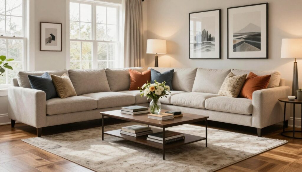 A beautifully arranged corner of a spacious living room featuring an elegant sectional sofa in a soft neutral palette, adorned with colorful throw pillows. The foreground captures a stylish coffee table with neatly stacked books and a decorative vase of fresh flowers. In the middle, a chic area rug anchors the seating area, while strategically placed floor lamps provide warm, inviting lighting. The background reveals large windows allowing natural light to flood the room, highlighting tasteful artwork on the walls. Soft shadows play across the hardwood floor, creating a cozy and welcoming atmosphere. The overall mood is modern and sophisticated, perfect for illustrating an effective layout for a large space. A beautifully arranged corner of a spacious living room featuring an elegant sectional sofa in a soft neutral palette, adorned with colorful throw pillows. The foreground captures a stylish coffee table with neatly stacked books and a decorative vase of fresh flowers. In the middle, a chic area rug anchors the seating area, while strategically placed floor lamps provide warm, inviting lighting. The background reveals large windows allowing natural light to flood the room, highlighting tasteful artwork on the walls. Soft shadows play across the hardwood floor, creating a cozy and welcoming atmosphere. The overall mood is modern and sophisticated, perfect for illustrating an effective layout for a large space.