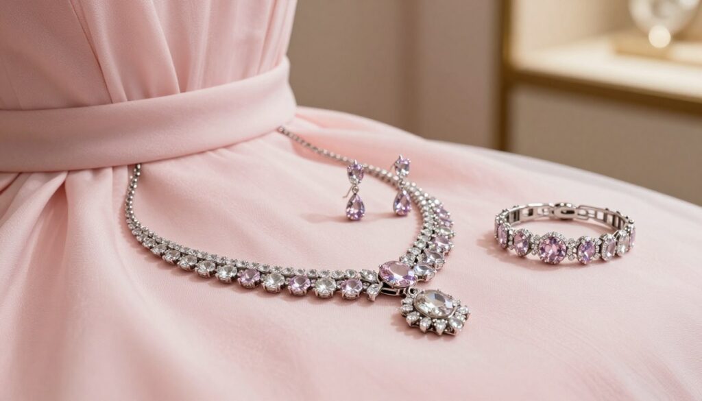 A beautifully arranged display of elegant jewelry designed to complement a pink dress, featuring a sophisticated necklace with shimmering gemstones, delicate earrings, and a matching bracelet. The foreground showcases a close-up of the necklace, allowing the details of the stones and intricate settings to shine. In the middle ground, the earrings and bracelet are artfully positioned on a soft, textured fabric that harmonizes with the pink dress. The background features a softly blurred ambiance of a chic setting with warm, inviting lighting, enhancing the luxurious feel of the jewelry. This image captures the essence of how to choose the perfect accessories to enhance a dress, conveying an atmosphere of elegance and refinement.