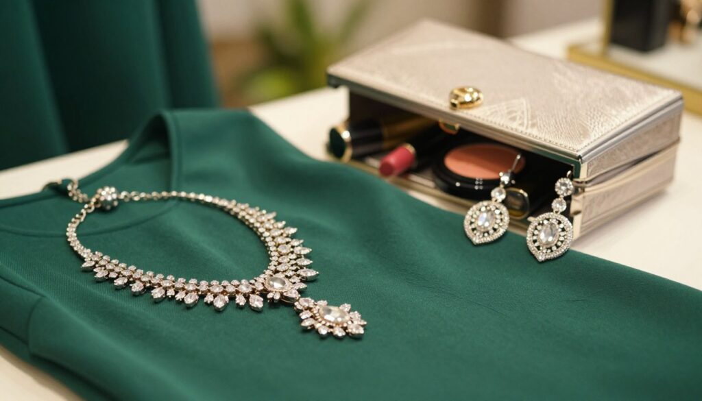 A beautifully arranged display of fashion accessories complementing a green dress, focused on elegant items such as a sparkling statement necklace, intricate earrings, and a stylish clutch. In the foreground, the necklace glimmers under soft, warm lighting, showcasing its detail. The middle ground features the elegant clutch partially opened with a hint of glam makeup items peeking out, like lipstick and blush, enhancing the theme. The background is softly blurred, with a hint of greenery to echo the dress color, creating an inviting atmosphere. The overall mood is sophisticated and chic, perfect for a fashion article, with a slightly elevated angle for aesthetic appeal.