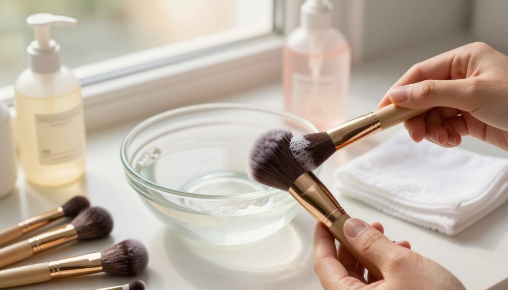 A beautifully arranged scene showcasing a variety of makeup brushes being gently cleaned. In the foreground, a delicate hand holds a soft, bristled makeup brush, with bubbles and a mild soap solution reflecting the light. The middle ground features a sparkling bowl of warm water surrounded by various cleaning tools like gentle cleansers and a microfiber cloth, all positioned on a clean, light-colored countertop. In the background, soft natural light filters through a nearby window, casting a warm glow that enhances the serene atmosphere. The overall mood is tranquil and informative, reflecting the careful process of maintaining delicate brush fibers. Focus on clarity and texture to highlight the brushes and cleaning products.