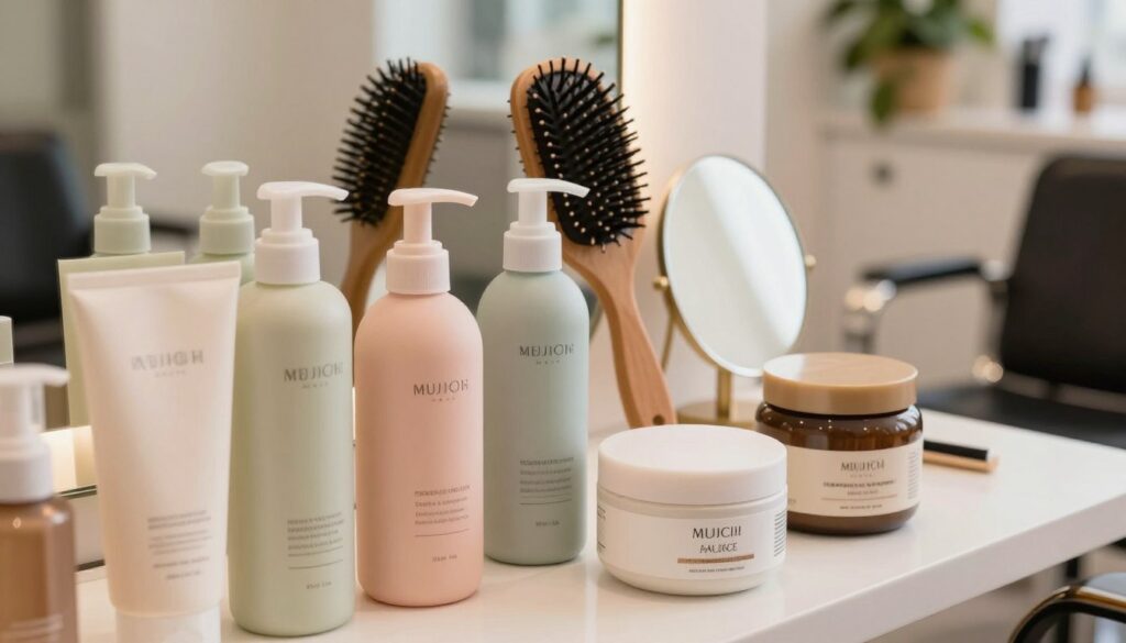 A beautifully arranged selection of hair care products essential for accentuating the texture of a wolf cut hairstyle. In the foreground, focus on elegant, stylish packaging of shampoos, conditioners, and styling creams, featuring muted pastel colors. In the middle ground, display a vibrant, textured hairbrush and a small mirror reflecting light to create a sense of depth. The background should feature soft, blurred hair salon elements, like a sleek stylist chair and hanging plants, creating a relaxed atmosphere. Use warm, soft lighting to evoke a cozy and inviting feel. Capture this scene from a slightly elevated angle, emphasizing the well-crafted products while maintaining an aesthetically pleasing composition that highlights their importance in achieving the perfect wolf cut look. A beautifully arranged selection of hair care products essential for accentuating the texture of a wolf cut hairstyle. In the foreground, focus on elegant, stylish packaging of shampoos, conditioners, and styling creams, featuring muted pastel colors. In the middle ground, display a vibrant, textured hairbrush and a small mirror reflecting light to create a sense of depth. The background should feature soft, blurred hair salon elements, like a sleek stylist chair and hanging plants, creating a relaxed atmosphere. Use warm, soft lighting to evoke a cozy and inviting feel. Capture this scene from a slightly elevated angle, emphasizing the well-crafted products while maintaining an aesthetically pleasing composition that highlights their importance in achieving the perfect wolf cut look.