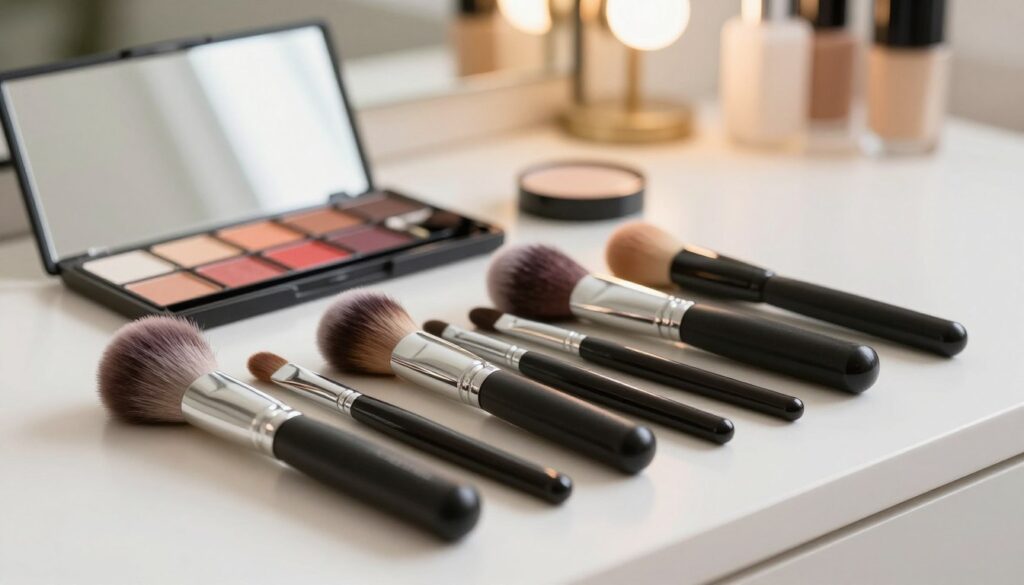 A beautifully arranged set of makeup brushes laid out on a clean, elegant vanity surface. The foreground features a variety of brushes in differing sizes and shapes, including a large powder brush, a sleek foundation brush, and precise eyeshadow brushes, all with soft, colorful bristles. The middle ground showcases a sleek makeup palette with vibrant shades, reflecting natural light. In the background, softly blurred, there is a delicate mirror and subtle, warm lighting that creates an inviting atmosphere. The image has a professional aesthetic with a hint of luxury, evoking a sense of artistry and care in makeup application. The overall mood is calm and harmonious, perfect for showcasing makeup tools that enhance beauty.