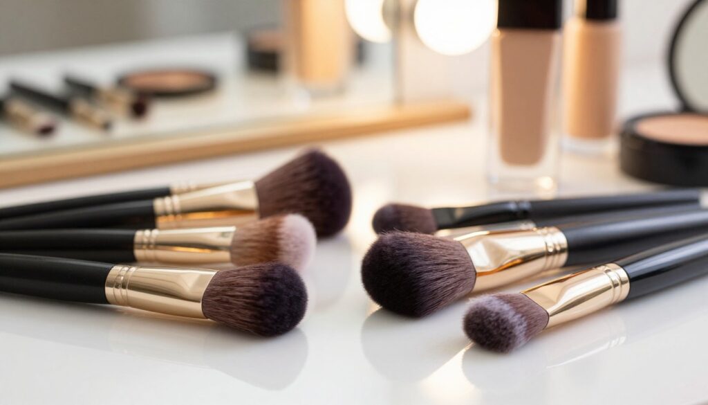 A beautifully arranged set of makeup brushes on a clean, reflective surface, showcasing various types and sizes, including foundation, blending, and eyeshadow brushes, all with pristine bristles. The foreground features a few brushes angled artistically, highlighting the texture and color of the bristles, while the middle ground includes additional brushes of different styles, slightly out of focus to create depth. In the background, a softly blurred vanity mirror reflects warm, natural light that enhances the scene's beauty. The ambiance is serene and polished, evoking a sense of luxury and care, making it clear that these tools are essential for makeup lovers. The image should convey a professional, clean, and inviting atmosphere, perfect for accentuating the importance of maintaining cosmetic tools.