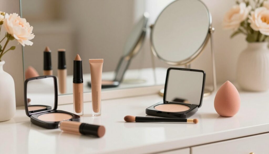 A beautifully arranged set of makeup products for nose contouring displayed on a softly lit, elegant vanity. In the foreground, highlight various cosmetic items like contour sticks, highlighting powders, and blending sponges. Ensure the products are stylishly packaged, with a hint of their shades visible. In the middle, depict a high-quality mirror reflecting the makeup tools, inviting a sense of engagement with the art of contouring. The background features a subtle, blurred floral arrangement to add warmth and femininity to the scene. The lighting should be soft and diffused, casting gentle shadows to enhance the textures of the products. The overall mood is calm and inspirational, encouraging readers to explore contouring techniques with confidence and creativity. A beautifully arranged set of makeup products for nose contouring displayed on a softly lit, elegant vanity. In the foreground, highlight various cosmetic items like contour sticks, highlighting powders, and blending sponges. Ensure the products are stylishly packaged, with a hint of their shades visible. In the middle, depict a high-quality mirror reflecting the makeup tools, inviting a sense of engagement with the art of contouring. The background features a subtle, blurred floral arrangement to add warmth and femininity to the scene. The lighting should be soft and diffused, casting gentle shadows to enhance the textures of the products. The overall mood is calm and inspirational, encouraging readers to explore contouring techniques with confidence and creativity.