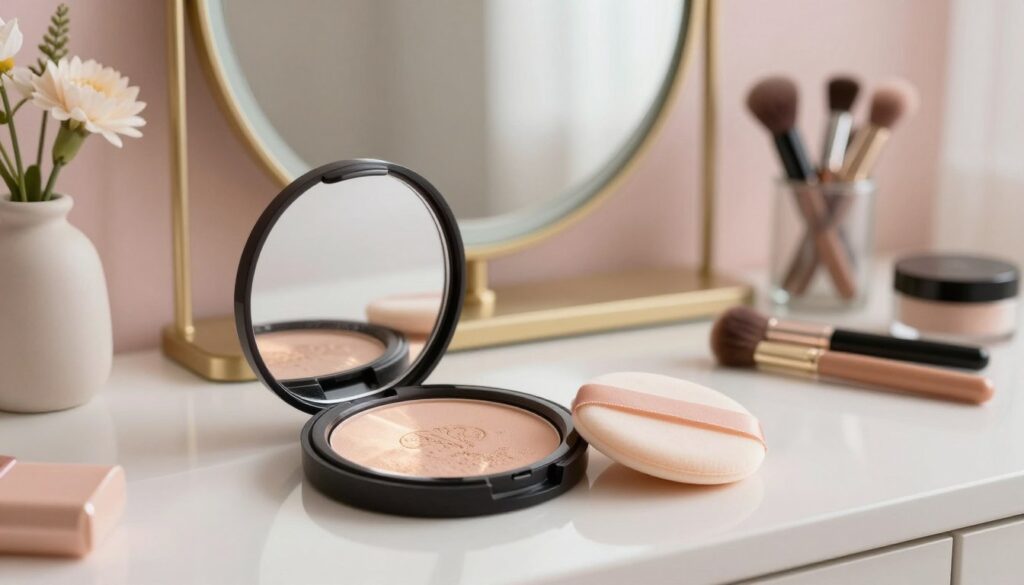 A beautifully arranged setup showcasing a sophisticated makeup scene focusing on facial powder. In the foreground, an elegant powder compact opens, revealing a soft, finely milled powder with a delicate shimmer. Next to it, a pristine powder puff rests, reflecting warm, soft lighting that enhances the texture of the product. In the middle ground, a stylish vanity mirror reflects a tastefully decorated dressing table adorned with cosmetics, brushes, and a flower vase, adding a touch of freshness. The background features softly blurred pastel-colored walls and subtle decorative elements, creating a calming atmosphere. The overall lighting is soft and diffused, capturing the essence of a luxurious makeup application process, with a focus on elegance and professionalism. A beautifully arranged setup showcasing a sophisticated makeup scene focusing on facial powder. In the foreground, an elegant powder compact opens, revealing a soft, finely milled powder with a delicate shimmer. Next to it, a pristine powder puff rests, reflecting warm, soft lighting that enhances the texture of the product. In the middle ground, a stylish vanity mirror reflects a tastefully decorated dressing table adorned with cosmetics, brushes, and a flower vase, adding a touch of freshness. The background features softly blurred pastel-colored walls and subtle decorative elements, creating a calming atmosphere. The overall lighting is soft and diffused, capturing the essence of a luxurious makeup application process, with a focus on elegance and professionalism.