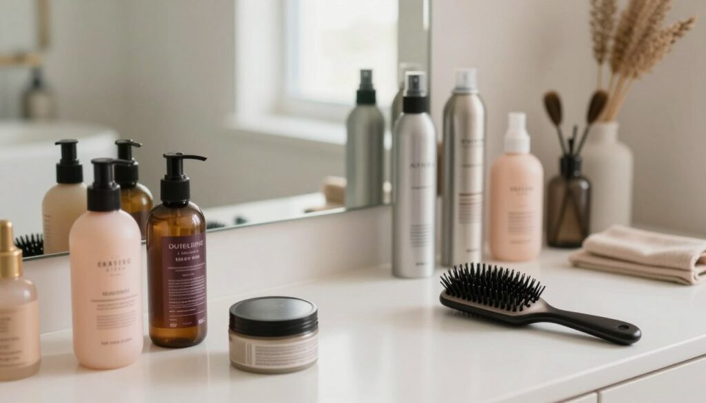 A beautifully arranged vanity table showcasing various hair styling products designed for daily use. In the foreground, there are bottles of hair gel, pomade, and a sleek hairbrush, all reflecting soft lighting that highlights their textures. The middle ground features neatly arranged hair sprays and a stylish mirror, adding a touch of elegance. In the background, a cozy bathroom scene with natural light streaming through a window creates a warm and inviting atmosphere. The overall mood is clean and organized, emphasizing the importance of choosing the right cosmetics for hair styling. The lens should capture the scene from a slightly elevated angle, allowing a view of both the products and their stylish presentation. A beautifully arranged vanity table showcasing various hair styling products designed for daily use. In the foreground, there are bottles of hair gel, pomade, and a sleek hairbrush, all reflecting soft lighting that highlights their textures. The middle ground features neatly arranged hair sprays and a stylish mirror, adding a touch of elegance. In the background, a cozy bathroom scene with natural light streaming through a window creates a warm and inviting atmosphere. The overall mood is clean and organized, emphasizing the importance of choosing the right cosmetics for hair styling. The lens should capture the scene from a slightly elevated angle, allowing a view of both the products and their stylish presentation.