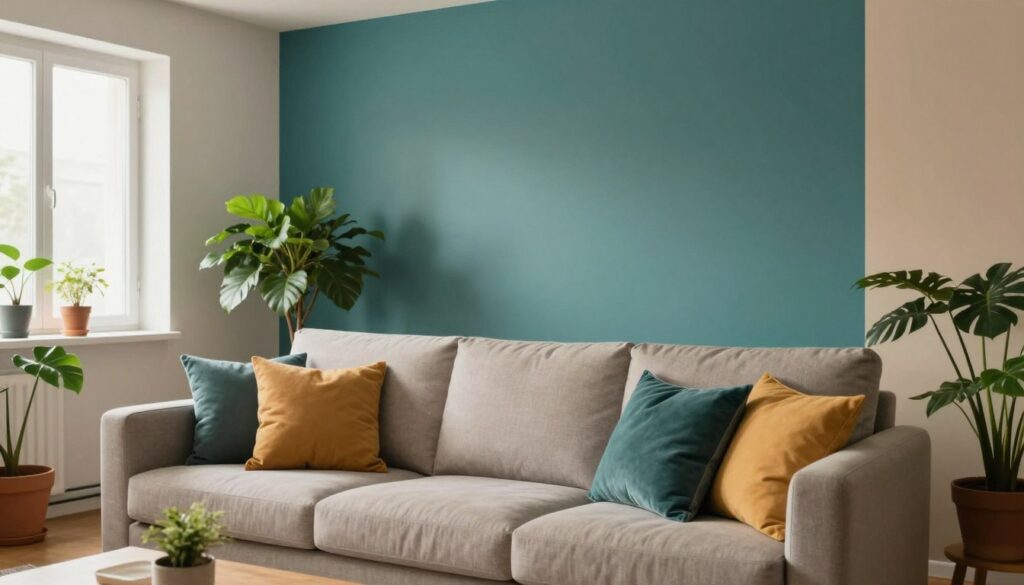 A beautifully decorated living room showcasing a harmonious blend of wall colors, illustrating various shades that complement different room sizes. In the foreground, a cozy sofa upholstered in neutral tones invites relaxation, surrounded by colorful accent pillows that pop against the backdrop. The middle ground features a wall with a striking teal color contrasted by lighter hues, creating depth and warmth. Potted plants add a touch of greenery, enhancing the inviting atmosphere. In the background, a window allows soft, natural light to filter in, creating a warm and welcoming mood. The scene captures a modern aesthetic with a focus on color theory and space utilization, perfect for inspiring readers. The composition should be well-lit, with a slightly elevated angle to provide a comprehensive view of the room's color dynamics and layout.