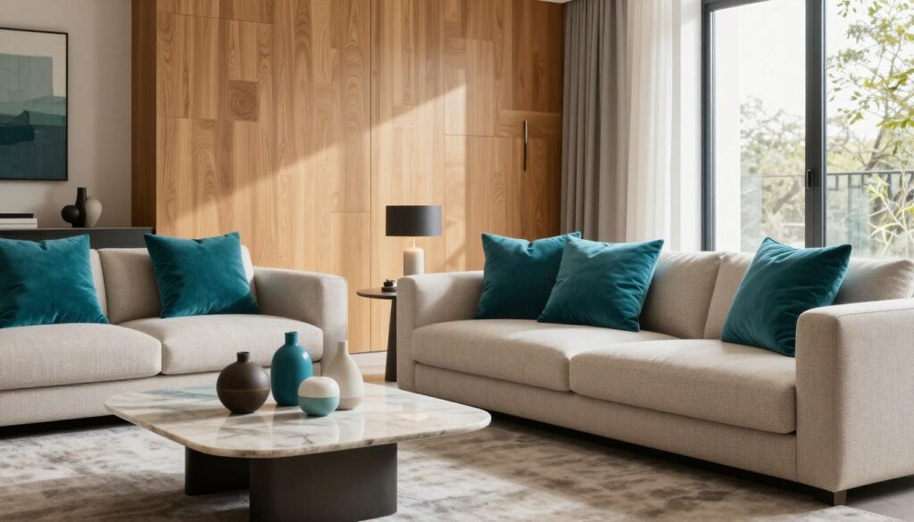A beautifully designed interior space showcasing the impact of color on the atmosphere. In the foreground, a modern living room features a stylish couch in soft beige, paired with vibrant teal cushions. A stylish coffee table holds a few artful decorations. In the middle ground, warm wooden panels in a subtle, elegant pattern enhance the sense of comfort, while a sleek area rug in muted tones ties the space together. The background displays large windows allowing natural light to flood the room, casting soft shadows. The lighting is bright but comforting, emphasizing the harmonious blend of colors. The mood is inviting and serene, promoting a sense of relaxation and aesthetic balance. No people present.