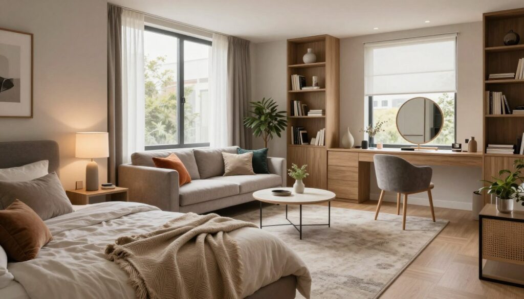 A beautifully designed open-plan living space featuring a cozy bedroom area and a stylish salon. In the foreground, a neatly made bed with soft, neutral-toned linens and an inviting throw blanket. Beside it, a small, elegant bedside table with a modern lamp and a decorative plant. In the middle, there's a comfortable seating area with a plush sofa, complemented by colorful cushions and a minimalist coffee table. A tasteful area rug anchors the space, while large windows allow natural light to filter in, creating a warm and inviting atmosphere. The background shows subtle room dividers, like a bookshelf and a curtain, suggesting separation without full walls. The overall mood is calm, contemporary, and inviting, perfect for a modern apartment setting.