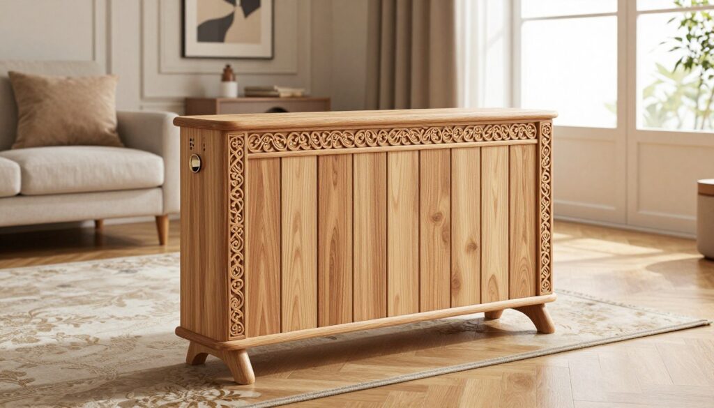 A beautifully designed radiator cover (maskownica grzejnika) made from natural wood with intricate carvings, featuring a blend of modern and classic styles. In the foreground, the cover sits elegantly beside a stylish living room armchair with soft cushions. The middle ground reveals a luxurious rug on a polished wooden floor, enhancing the cozy atmosphere. In the background, a tastefully decorated wall with artwork complements the warm ambiance. Soft, diffused lighting streams in through a large window, casting gentle shadows and highlighting the textures of the materials. The mood is inviting and harmonious, emphasizing the aesthetic appeal of the radiator cover while ensuring functionality without compromising heating efficiency. Capture this scene from a slightly elevated perspective to showcase the design elements effectively.