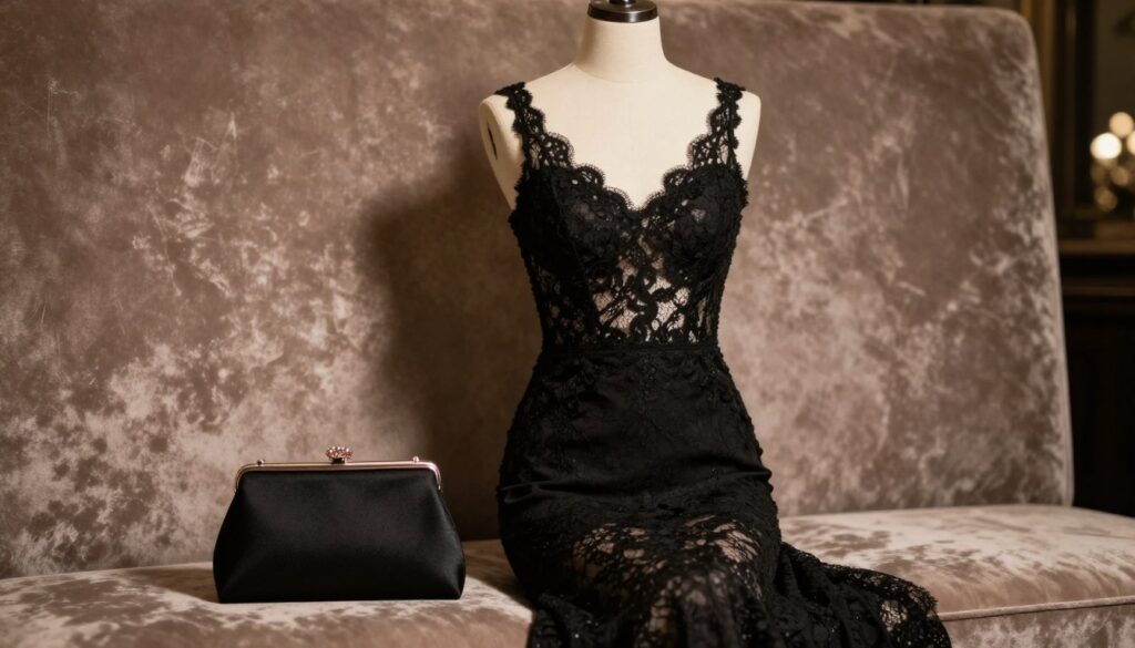 A black evening dress elegantly displayed on a mannequin or hanger, paired with a chic black clutch bag resting nearby. The dress features delicate lace details and a fitted silhouette, radiating sophistication. Soft, warm lighting illuminates the scene, casting gentle shadows that highlight the textures of the fabric. In the background, a plush velvet backdrop in a muted color adds depth, enhancing the overall luxurious atmosphere. A subtle bokeh effect blurs the background slightly, drawing focus to the dress and the handbag as key elements of an elegant outfit. The mood is refined and stylish, perfect for a wedding setting, conveying a sense of timeless glamour.