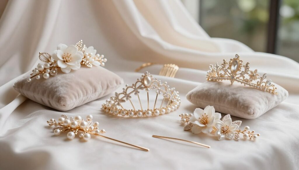 A breathtaking arrangement of various hair accessories, including elegant floral hairpins, delicate beaded tiaras, and subtle hair-comb designs, all beautifully displayed on a soft silk backdrop. In the foreground, a single hairpin with intricate pearl details catches the light, showcasing its craftsmanship. The middle area features a charming collection of hair accessories resting on an elegant velvet cushion, creating a sense of luxury. In the background, soft, diffused lighting enhances the romantic atmosphere, with a hint of blurred greenery to suggest an outdoor wedding setting. The image evokes a dreamy, sophisticated vibe, perfectly suited for showcasing hair adornments used in elegant bridal hairstyles. No text or overlays are included, ensuring a pure focus on the beauty of the accessories.