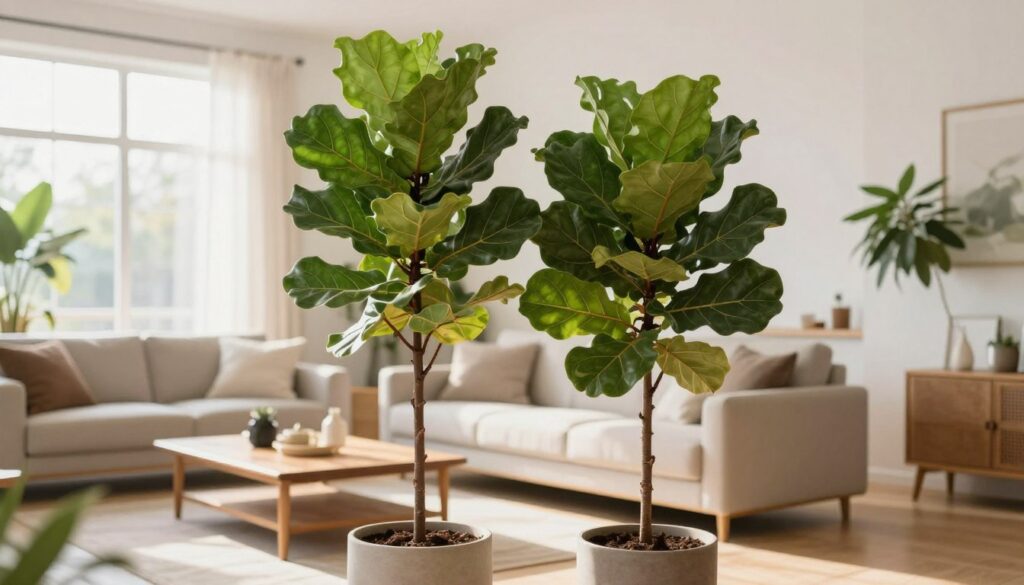 A bright and airy living room featuring large potted plants as the central focal point of the arrangement. In the foreground, showcase two striking, tall indoor plants, such as a fiddle leaf fig and a rubber plant, each with vibrant green leaves. The middle ground features a stylish coffee table made of natural wood, adorned with small decorative items that complement the plants. In the background, large windows allow soft, diffused sunlight to illuminate the space, creating a warm atmosphere. The room has a modern minimalist aesthetic with neutral colors and tasteful decor. Capture the scene from a slightly elevated angle to emphasize the plants’ grandeur and the harmonious balance within the space. The overall mood is refreshing and inviting, perfect for a serene living environment. A bright and airy living room featuring large potted plants as the central focal point of the arrangement. In the foreground, showcase two striking, tall indoor plants, such as a fiddle leaf fig and a rubber plant, each with vibrant green leaves. The middle ground features a stylish coffee table made of natural wood, adorned with small decorative items that complement the plants. In the background, large windows allow soft, diffused sunlight to illuminate the space, creating a warm atmosphere. The room has a modern minimalist aesthetic with neutral colors and tasteful decor. Capture the scene from a slightly elevated angle to emphasize the plants’ grandeur and the harmonious balance within the space. The overall mood is refreshing and inviting, perfect for a serene living environment.