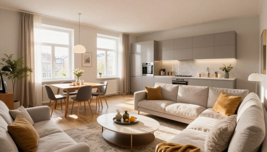 A bright and modern interior of a stylish apartment in Warsaw's Żoliborz district. In the foreground, a cozy living room features a plush sofa with soft cushions, a trendy coffee table, and tasteful decor items. The middle ground reveals a sleek dining area with a wooden table and designer chairs, illuminated by warm sunlight streaming through large windows adorned with minimalistic drapes. The background showcases a contemporary kitchen with stainless steel appliances and elegant cabinetry. Soft, diffused lighting creates a warm, inviting atmosphere, while a slight fisheye lens effect emphasizes the spaciousness of the area. The mood is vibrant yet serene, reflecting modern urban living. The image should be free of any captions or overlays. A bright and modern interior of a stylish apartment in Warsaw's Żoliborz district. In the foreground, a cozy living room features a plush sofa with soft cushions, a trendy coffee table, and tasteful decor items. The middle ground reveals a sleek dining area with a wooden table and designer chairs, illuminated by warm sunlight streaming through large windows adorned with minimalistic drapes. The background showcases a contemporary kitchen with stainless steel appliances and elegant cabinetry. Soft, diffused lighting creates a warm, inviting atmosphere, while a slight fisheye lens effect emphasizes the spaciousness of the area. The mood is vibrant yet serene, reflecting modern urban living. The image should be free of any captions or overlays.