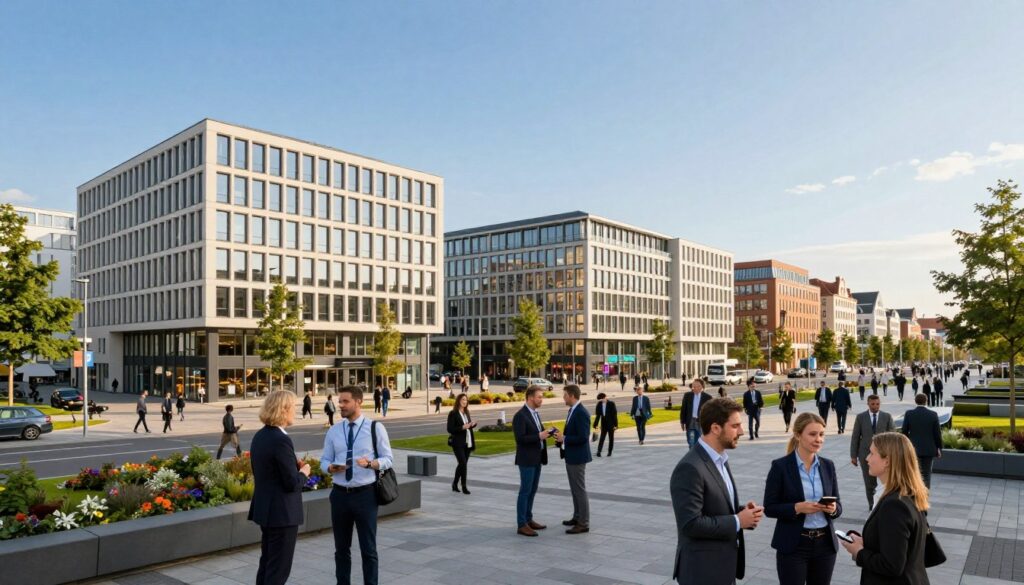 A bustling view of Włocławek's business center, showcasing modern offices and vibrant storefronts under a clear blue sky. In the foreground, professionals in business attire engage in conversation and networking, exuding a dynamic atmosphere. The middle ground features sleek, contemporary buildings, dynamic architectural elements, and green urban spaces, emphasizing innovation and activity. In the background, the Włocławek skyline rises with a blend of historic and modern structures, symbolizing growth and opportunity. Soft, warm lighting enhances the scene, creating an inviting and productive mood. The angle should provide a slightly elevated perspective, capturing the energy of this thriving business hub while emphasizing connectivity and collaboration.