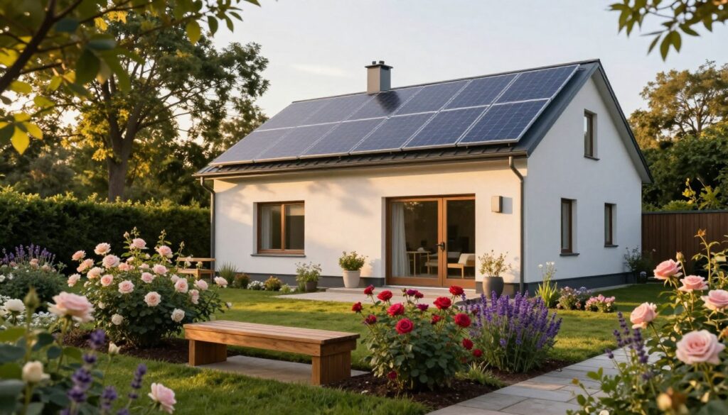 A charming, modern house in Łosiowie surrounded by lush greenery and vibrant flowers, embodying peace and tranquility. In the foreground, a well-maintained garden with blooming roses and lavender lends a touch of color, while a wooden bench invites relaxation. The middle ground features the home itself, showcasing clean lines and large windows that reflect the warm sunlight, adorned with solar panels for an eco-friendly touch. In the background, tall trees provide a gentle canopy, softly diffusing the sunlight as it filters through the leaves. The atmosphere is serene and welcoming, suggesting a personal sanctuary. Capture this scene with golden hour lighting for a warm and inviting glow, using a slight angle to emphasize the architecture and landscape harmony. A charming, modern house in Łosiowie surrounded by lush greenery and vibrant flowers, embodying peace and tranquility. In the foreground, a well-maintained garden with blooming roses and lavender lends a touch of color, while a wooden bench invites relaxation. The middle ground features the home itself, showcasing clean lines and large windows that reflect the warm sunlight, adorned with solar panels for an eco-friendly touch. In the background, tall trees provide a gentle canopy, softly diffusing the sunlight as it filters through the leaves. The atmosphere is serene and welcoming, suggesting a personal sanctuary. Capture this scene with golden hour lighting for a warm and inviting glow, using a slight angle to emphasize the architecture and landscape harmony.