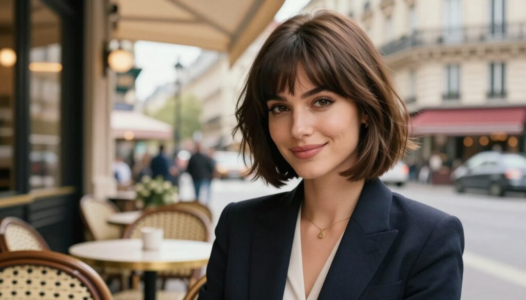A chic French bob haircut with bangs, styled to perfection, worn by a fashionable woman in a professional business outfit. The foreground features her elegantly framed face, showcasing a confident smile that embodies Parisian elegance. She has subtle makeup that enhances her natural beauty, and her hair is glossy, layered, and effortlessly tousled. In the middle ground, soft-focus details of a stylish café setting with elegant Parisian architecture can be seen, hinting at sophistication and a cosmopolitan vibe. The background is a blurred view of the bustling Paris streets, filled with vibrant colors but kept out of focus to maintain the emphasis on the subject. The scene is bathed in soft, natural light suggesting a sunny afternoon, creating a warm and chic atmosphere that reflects haute couture and timeless style. A chic French bob haircut with bangs, styled to perfection, worn by a fashionable woman in a professional business outfit. The foreground features her elegantly framed face, showcasing a confident smile that embodies Parisian elegance. She has subtle makeup that enhances her natural beauty, and her hair is glossy, layered, and effortlessly tousled. In the middle ground, soft-focus details of a stylish café setting with elegant Parisian architecture can be seen, hinting at sophistication and a cosmopolitan vibe. The background is a blurred view of the bustling Paris streets, filled with vibrant colors but kept out of focus to maintain the emphasis on the subject. The scene is bathed in soft, natural light suggesting a sunny afternoon, creating a warm and chic atmosphere that reflects haute couture and timeless style.