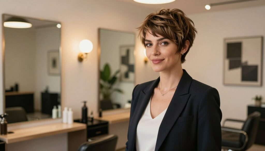 A chic and modern woman with a stylish pixie cut stands confidently in a softly lit upscale salon. Her hair is expertly styled, showcasing its textured layers and highlights, giving off a fresh, elegant vibe. She is wearing a professional business outfit, infused with a touch of trendy flair, reflecting sophistication. The foreground features her poised expression, with a slight smile, radiating confidence. In the middle ground, mirrors reflect the inviting atmosphere of the salon, softly illuminated by warm overhead lights that cast a cozy glow. In the background, stylish salon décor adds to the ambiance, with plants and contemporary art pieces accentuating the scene. The overall mood is serene and empowering, embodying modern elegance and effortless style. A chic and modern woman with a stylish pixie cut stands confidently in a softly lit upscale salon. Her hair is expertly styled, showcasing its textured layers and highlights, giving off a fresh, elegant vibe. She is wearing a professional business outfit, infused with a touch of trendy flair, reflecting sophistication. The foreground features her poised expression, with a slight smile, radiating confidence. In the middle ground, mirrors reflect the inviting atmosphere of the salon, softly illuminated by warm overhead lights that cast a cozy glow. In the background, stylish salon décor adds to the ambiance, with plants and contemporary art pieces accentuating the scene. The overall mood is serene and empowering, embodying modern elegance and effortless style.