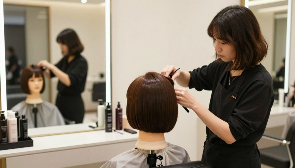 A chic hair salon interior featuring a modern bob haircut with bangs displayed on a mannequin or model. In the foreground, a stylish stylist wearing professional attire examines the bob hairstyle, showcasing the precision of the cut. The middle ground includes a well-organized salon station with hair products neatly arranged, and a large mirror reflecting the scene. In the background, soft lighting creates a warm ambiance, highlighting the clean lines and elegance of the salon decor. The atmosphere is inviting and professional, conveying the essence of frequent salon visits for maintaining the perfect bob haircut with bangs. The image captures the essence of hair care and styling frequency without any text or distractions.