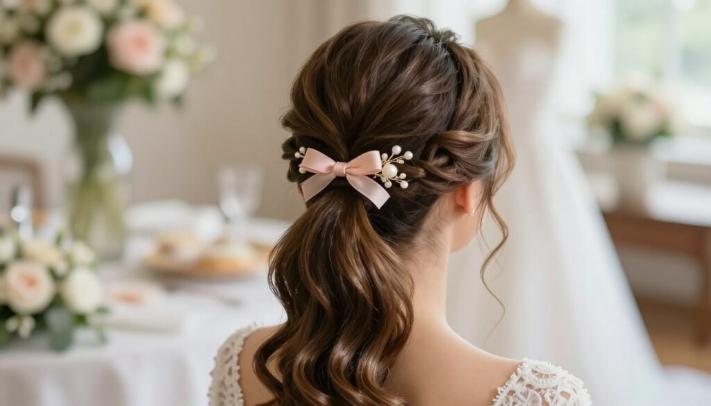 A chic high ponytail hairstyle elegantly styled for a wedding, showcasing a sophisticated blend of classic and modern elements. In the foreground, a close-up of beautifully arranged hair strands, with delicate waves cascading into the high ponytail, highlighted with subtle sheen. The middle layer reveals a stylish hair accessory, like a decorative clip or ribbon in soft pastels, artfully placed within the ponytail. The background features a softly blurred bridal setting adorned with wedding decorations, incorporating natural light that casts a warm glow, enhancing the overall gracefulness of the scene. The mood is enchanting and elegant, perfect for special occasions, with a focus on hair preparation and necessary styling accessories.
