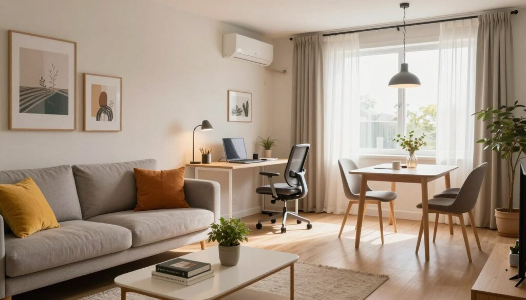 A chic, modern small living room divided into distinct functional zones, showcasing a cozy seating area with a stylish sofa and vibrant cushions, a work-from-home corner featuring a minimalist desk and ergonomic chair, and a small dining table elegantly set for two. The foreground highlights a decorative coffee table adorned with books and a plant. The middle ground includes tasteful artwork on the walls, while the background features a bright window with sheer curtains allowing natural light to flood the space, creating a warm and inviting atmosphere. Soft ambient lighting enhances the inviting mood. Use a wide-angle lens to capture the entire room layout, emphasizing the balance between functionality and style. The composition should evoke a sense of spaciousness despite the constraints of a small apartment.