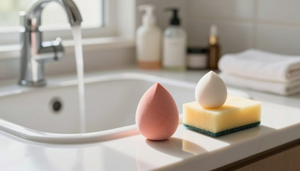 A clean and organized bathroom counter is presented in the foreground, featuring a used makeup sponge alongside a new, pristine makeup sponge. The sponges are of different colors, showcasing the contrasts between their worn, stained appearance and the fresh, vibrant one. In the middle ground, a well-lit sink area is visible, with a gentle stream of water running from the faucet, highlighting the cleaning process. Soft, natural daylight filters through a nearby window, casting a warm, inviting glow on the scene. The background features neatly arranged beauty products and towels, emphasizing a fresh and hygienic atmosphere. The overall mood is serene and informative, perfectly conveying the theme of replacing and maintaining beauty tools. A clean and organized bathroom counter is presented in the foreground, featuring a used makeup sponge alongside a new, pristine makeup sponge. The sponges are of different colors, showcasing the contrasts between their worn, stained appearance and the fresh, vibrant one. In the middle ground, a well-lit sink area is visible, with a gentle stream of water running from the faucet, highlighting the cleaning process. Soft, natural daylight filters through a nearby window, casting a warm, inviting glow on the scene. The background features neatly arranged beauty products and towels, emphasizing a fresh and hygienic atmosphere. The overall mood is serene and informative, perfectly conveying the theme of replacing and maintaining beauty tools.