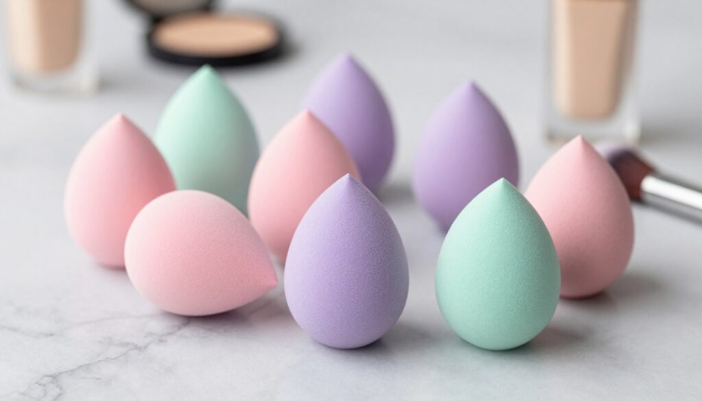 A close-up arrangement of various makeup sponges on a sleek, marble surface, showcasing different shapes such as egg-shaped, flat, and pointed sponges, in pastel colors like pink, lavender, and mint green. The background is softly blurred to keep the focus on the sponges, with gentle, diffused lighting that highlights their textures and contours. A small makeup brush and a bottle of foundation are subtly placed to the side, hinting at their use without overwhelming the composition. The overall atmosphere is clean and professional, evoking a sense of beauty and elegance, ideal for illustrating the diverse types of makeup sponges and their applications. The angle is slightly above, providing a clear view of the sponges while maintaining an artistic perspective.