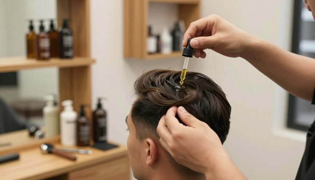 A close-up image of a man in a modern barbershop, gently applying a soothing scalp treatment after a fresh haircut. In the foreground, the man is seen using a dropper to dispense essential oils onto his scalp, showcasing a healthy, well-groomed look. His hair is styled with blended lengths on the sides, emphasizing contemporary grooming. In the middle ground, wooden shelves filled with various hair care products can be seen. The background features soft, warm lighting that creates a relaxing atmosphere. The barber's tools are neatly arranged on a counter, with subtle reflections enhancing the environment. The overall mood is calm and refreshing, highlighting the importance of scalp care post-haircut. A close-up image of a man in a modern barbershop, gently applying a soothing scalp treatment after a fresh haircut. In the foreground, the man is seen using a dropper to dispense essential oils onto his scalp, showcasing a healthy, well-groomed look. His hair is styled with blended lengths on the sides, emphasizing contemporary grooming. In the middle ground, wooden shelves filled with various hair care products can be seen. The background features soft, warm lighting that creates a relaxing atmosphere. The barber's tools are neatly arranged on a counter, with subtle reflections enhancing the environment. The overall mood is calm and refreshing, highlighting the importance of scalp care post-haircut.