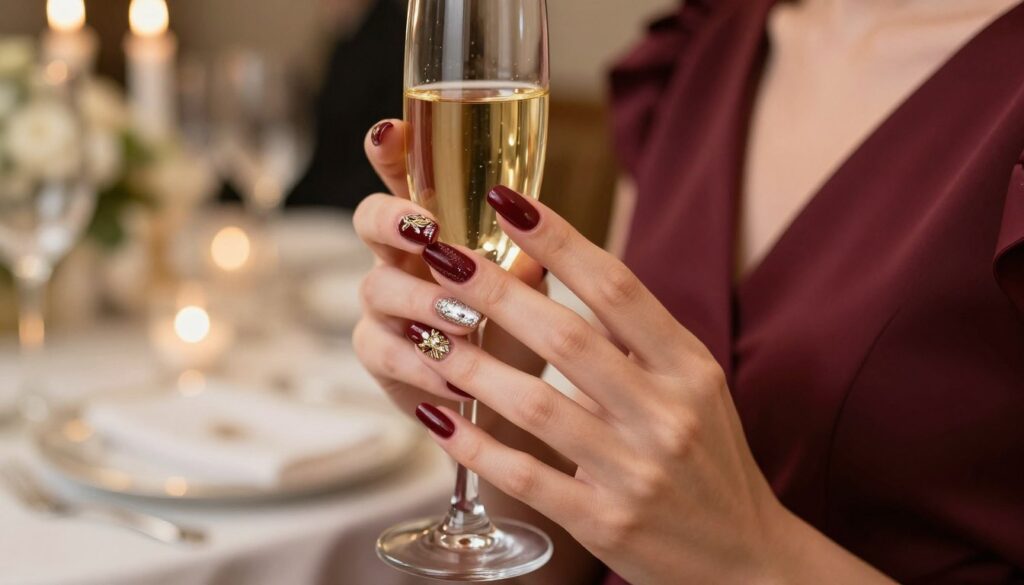 A close-up image of elegantly manicured nails painted in a rich burgundy color, perfectly complementing a stylish burgundy dress. The nails are adorned with delicate gold and silver nail art, featuring intricate designs and subtle sparkles. In the foreground, a hand is gracefully posed, holding a glass of champagne to reflect a wedding or special celebration. In the background, a softly blurred setting of a lavish wedding table with floral arrangements and twinkling lights creates an upscale ambiance. The lighting is warm and inviting, showcasing the shine on the nails and the luxurious texture of the dress. The mood is sophisticated and festive, ideal for inspirations tied to weddings and grand outings. The image should be focused, with a shallow depth of field emphasizing the nails and hand while maintaining a tasteful and polished appearance.