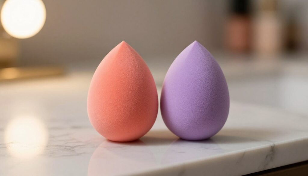 A close-up image of two makeup sponges, elegantly arranged on a pristine marble countertop. The sponges, one in a vibrant coral hue and the other in a soft lavender shade, showcase their unique teardrop and flat shapes, glistening with a subtle sheen from light reflecting off their smooth surfaces. In the background, soft bokeh of warm lighting creates a cozy, inviting atmosphere, reminiscent of a well-lit vanity. A light source emanates from the left, casting gentle shadows that emphasize the textures of the sponges. The mood is serene and professional, ideal for illustrating makeup application techniques. The composition should be taken from a slightly elevated angle to focus on the sponges while providing a sense of depth and elegance.