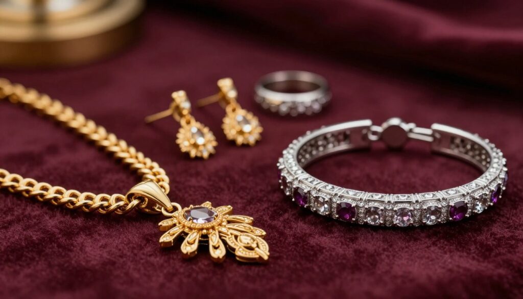A close-up image showcasing an elegant display of jewelry featuring both gold and silver pieces. In the foreground, a beautifully designed gold necklace with intricate details, alongside a stunning silver bracelet adorned with gemstones. In the middle, a pair of gold earrings and a silver ring capturing the light. The background is softly blurred, hinting at a sophisticated setting, perhaps a velvet fabric in deep burgundy to complement the theme of elegance. The lighting is warm, highlighting the gleam and texture of the jewelry, with a slightly dramatic angle to create depth. The atmosphere is luxurious and inviting, reflecting the debate of choosing between gold and silver accessories.
