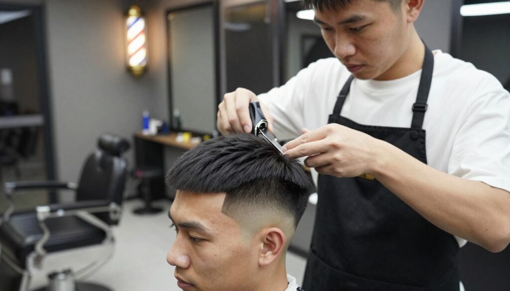 A close-up of a stylish barber performing a skin fade haircut on a client in a modern barbershop. The barber, dressed in a sharp black apron and white shirt, focuses intently while using clippers to achieve a precise fade. On the client, hair transitions smoothly from very short to longer textures, demonstrating various skin fade styles, including low, mid, and high fades. The lighting is warm and inviting, highlighting the details of the hair and the tools. The background showcases sleek barber chairs, framed mirrors, and a vintage barber pole, adding to the contemporary atmosphere. The image conveys professionalism and attention to detail, emphasizing the art of modern barbering.
