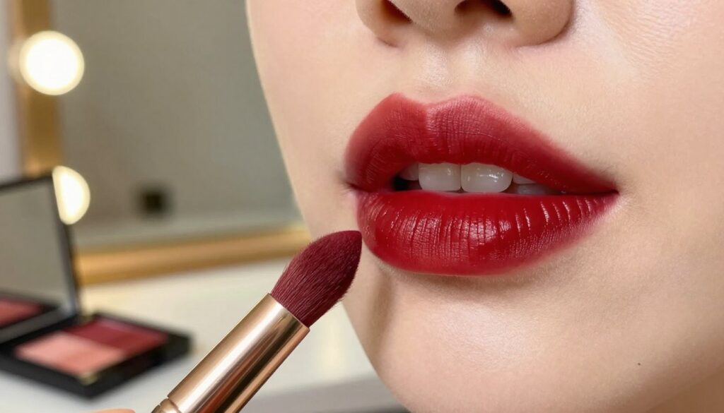 A close-up of beautifully styled lips showcasing a flawless lip makeup look, demonstrating a long-lasting and aesthetic finish. The lips are painted in a deep, rich shade of red with a glossy sheen, perfectly defined edge, and the texture highlighting the smoothness of the lipstick. In the foreground, a delicate makeup brush rests beside an open lipstick case with complementary shades, emphasizing the concept of makeup application. The background features a soft-focus vanity mirror with warm, inviting lighting, creating a serene and professional atmosphere. The overall mood is elegant and confident, appealing to those interested in mastering lip makeup techniques. The image has a shallow depth of field, emphasizing the vibrant colors and textures while remaining SFW and suitable for a beauty tutorial context. A close-up of beautifully styled lips showcasing a flawless lip makeup look, demonstrating a long-lasting and aesthetic finish. The lips are painted in a deep, rich shade of red with a glossy sheen, perfectly defined edge, and the texture highlighting the smoothness of the lipstick. In the foreground, a delicate makeup brush rests beside an open lipstick case with complementary shades, emphasizing the concept of makeup application. The background features a soft-focus vanity mirror with warm, inviting lighting, creating a serene and professional atmosphere. The overall mood is elegant and confident, appealing to those interested in mastering lip makeup techniques. The image has a shallow depth of field, emphasizing the vibrant colors and textures while remaining SFW and suitable for a beauty tutorial context.
