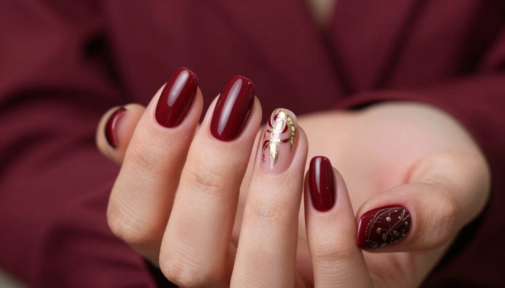 A close-up of elegantly manicured nails showcasing a perfect color palette that harmonizes beautifully with burgundy. The nails feature a glossy deep crimson base with intricate designs in metallic gold and soft nude, enhancing the richness of the burgundy backdrop. The lighting is soft and warm, creating a cozy and inviting atmosphere, while the focus is sharp on the nails, adding a sense of sophistication. In the background, a subtle blurred effect of a plush burgundy fabric complements the nails, evoking a sense of style and elegance. The image captures the essence of chic fashion, evoking a feeling of luxury and refinement, ideal for pairing with a stylish burgundy dress.