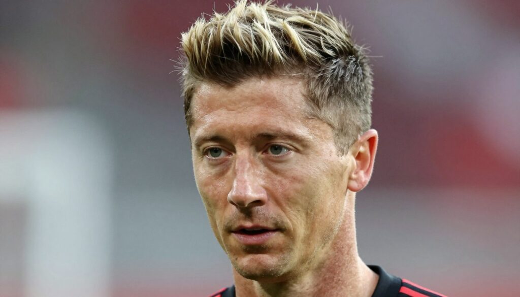 A close-up portrait of Robert Lewandowski, showcasing his distinctive blonde hairstyle, styled neatly with a modern undercut. His expression is focused and determined, capturing the essence of a professional athlete. The scene is set against a soft-focus urban backdrop, highlighting the transition of his recent hair transformation. The lighting is warm and even, emphasizing the texture of his hair and facial features. Shot with a 50mm lens to create a shallow depth of field, blending the background gently for an intimate feel. The atmosphere is energetic yet professional, suitable for a sports illustration. The image should be clean, without any text or watermarks, focusing solely on Lewandowski's iconic look. A close-up portrait of Robert Lewandowski, showcasing his distinctive blonde hairstyle, styled neatly with a modern undercut. His expression is focused and determined, capturing the essence of a professional athlete. The scene is set against a soft-focus urban backdrop, highlighting the transition of his recent hair transformation. The lighting is warm and even, emphasizing the texture of his hair and facial features. Shot with a 50mm lens to create a shallow depth of field, blending the background gently for an intimate feel. The atmosphere is energetic yet professional, suitable for a sports illustration. The image should be clean, without any text or watermarks, focusing solely on Lewandowski's iconic look.