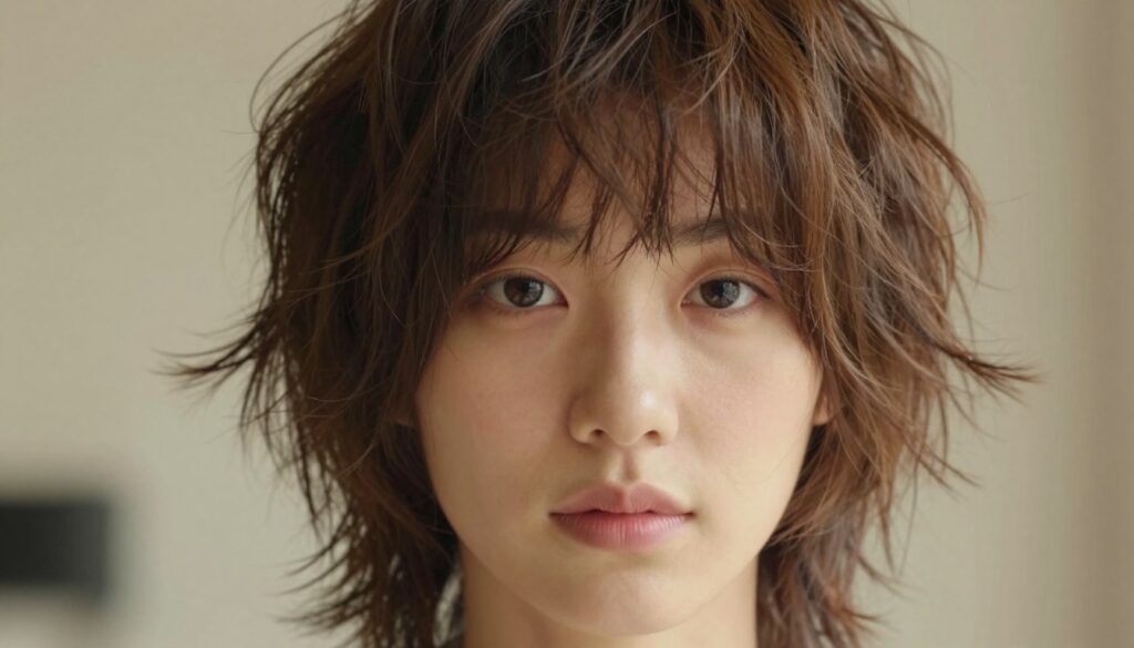 A close-up portrait of a person with a shaggy hairstyle, tailored to complement the shape of their face. The hair is full of texture and movement, with layers adding volume and depth. The foreground features the person's facial features clearly, with soft, natural skin tones and minimal makeup, conveying a fresh and vibrant look. In the middle ground, warm, diffused lighting highlights the shaggy hair, enhancing its lightness and softness. The background is softly blurred, suggesting a serene indoor setting that emphasizes the hairstyle without distractions. The mood is relaxed and approachable, showcasing the effortless charm of the shag cut, making it an ideal representation for diverse face shapes.