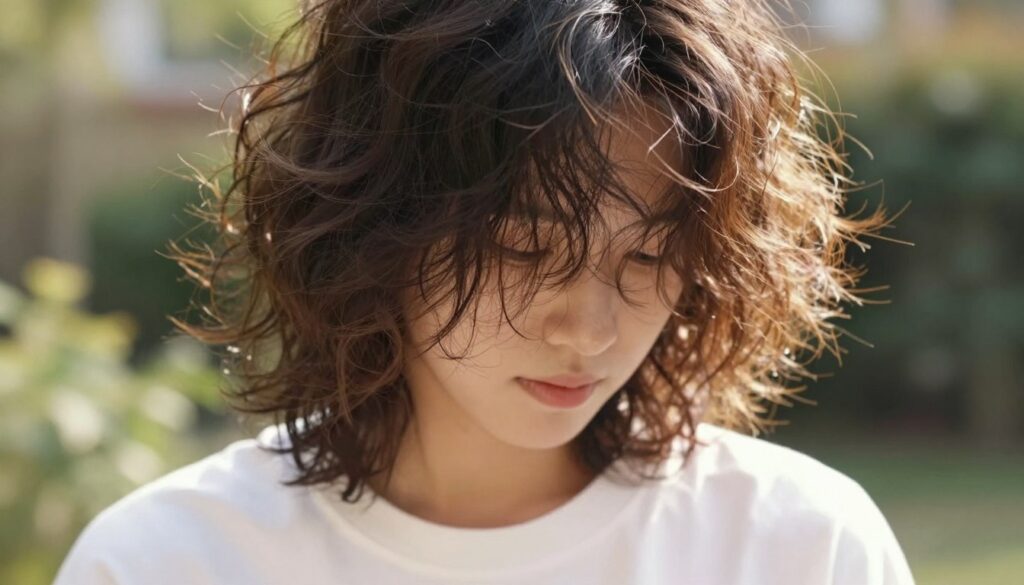 A close-up portrait of a person with shaggy hair, showcasing layered textures and volume. Their hair is tousled, with soft waves cascading around the face, creating a lively and effortless look. The subject is wearing a casual white shirt, set against an outdoor background with a blurred garden setting, bathed in warm, soft sunlight. The angle is slightly tilted, capturing the dynamic movement of the hair and conveying a sense of playfulness. The overall atmosphere is light and airy, emphasizing the carefree nature of the shag hairstyle while maintaining a professional appearance that suits the context. The lighting highlights the different shades and textures of the hair, adding depth and dimension to the image.