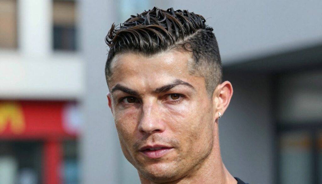 A close-up portrait of a well-groomed man showcasing a Cristiano Ronaldo-inspired haircut with shaved sides and intricate patterns. The foreground features the man with striking facial features, looking confidently into the camera, emphasizing the clean lines and detailed shaved designs on the sides of his head. In the middle, soft, natural light highlights the textures of his hair and skin, while a blurred urban backdrop hints at a vibrant lifestyle. The background includes subtle details of modern architecture, creating a dynamic atmosphere. The mood is empowering and stylish, capturing the essence of contemporary fashion trends. The image is sharp, with a shallow depth of field to focus on the haircut, ensuring clarity and visual impact.