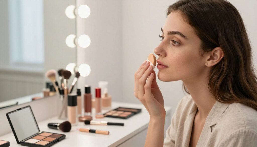 A close-up portrait of a woman applying facial makeup in a well-lit, modern bathroom. The foreground features the woman's focused expression as she skillfully applies foundation using a makeup sponge, showcasing her professional technique. In the middle, a vanity table is adorned with various cosmetics, including brushes, lipsticks, and eyeshadow palettes, organized neatly. The background contains soft, diffused lighting from a window, highlighting the fresh and clean atmosphere. The mood is calm and sophisticated, embodying a step-by-step makeup routine. The woman is dressed in modest, casual clothing, reflecting a professional yet approachable vibe. The composition is shot at eye level, allowing viewers to connect closely with the scene. A close-up portrait of a woman applying facial makeup in a well-lit, modern bathroom. The foreground features the woman's focused expression as she skillfully applies foundation using a makeup sponge, showcasing her professional technique. In the middle, a vanity table is adorned with various cosmetics, including brushes, lipsticks, and eyeshadow palettes, organized neatly. The background contains soft, diffused lighting from a window, highlighting the fresh and clean atmosphere. The mood is calm and sophisticated, embodying a step-by-step makeup routine. The woman is dressed in modest, casual clothing, reflecting a professional yet approachable vibe. The composition is shot at eye level, allowing viewers to connect closely with the scene.