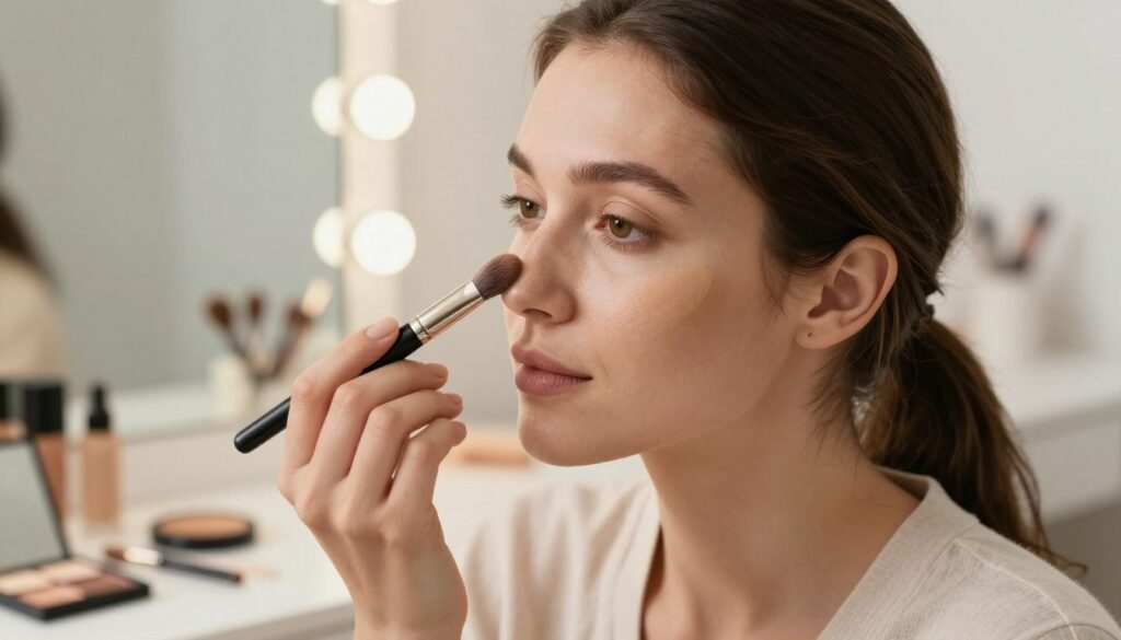 A close-up portrait of a woman applying makeup to her nose, demonstrating the contouring technique. She is in front of a well-lit vanity with soft, natural lighting, capturing a serene and focused atmosphere. In the foreground, her hand holds a contour stick, skillfully blending the product on the side of her nose with a makeup brush. Her expression is calm and professional, dressed in modest casual clothing to emphasize the makeup application without distraction. The background is softly blurred, featuring makeup products and a mirror, creating a cozy, inviting environment. The image highlights the art of contouring, showcasing the natural effect achieved by carefully adjusting the shape of the nose. A close-up portrait of a woman applying makeup to her nose, demonstrating the contouring technique. She is in front of a well-lit vanity with soft, natural lighting, capturing a serene and focused atmosphere. In the foreground, her hand holds a contour stick, skillfully blending the product on the side of her nose with a makeup brush. Her expression is calm and professional, dressed in modest casual clothing to emphasize the makeup application without distraction. The background is softly blurred, featuring makeup products and a mirror, creating a cozy, inviting environment. The image highlights the art of contouring, showcasing the natural effect achieved by carefully adjusting the shape of the nose.