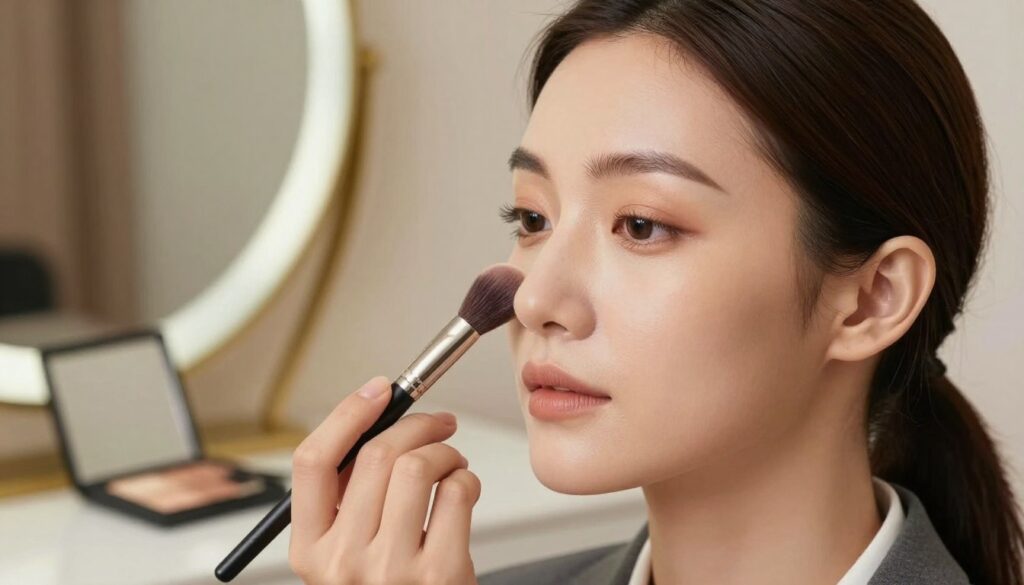 A close-up portrait of a woman demonstrating the art of face contouring, showcasing subtle makeup techniques. The foreground features her face lightly illuminated by soft, diffused lighting, highlighting her cheekbones and jawline, with a warm glow that enhances her natural beauty. In the middle ground, a makeup brush and contour palette are artistically arranged to suggest the process of application. The background is softly blurred, featuring a stylish vanity mirror and warm, inviting colors that create a cozy atmosphere. The woman is wearing professional business attire, exuding confidence and poise. The angle of the shot captures her head tilted slightly, revealing the expertly contoured features, emphasizing the transformative power of makeup for achieving a slimmer face shape. A close-up portrait of a woman demonstrating the art of face contouring, showcasing subtle makeup techniques. The foreground features her face lightly illuminated by soft, diffused lighting, highlighting her cheekbones and jawline, with a warm glow that enhances her natural beauty. In the middle ground, a makeup brush and contour palette are artistically arranged to suggest the process of application. The background is softly blurred, featuring a stylish vanity mirror and warm, inviting colors that create a cozy atmosphere. The woman is wearing professional business attire, exuding confidence and poise. The angle of the shot captures her head tilted slightly, revealing the expertly contoured features, emphasizing the transformative power of makeup for achieving a slimmer face shape.