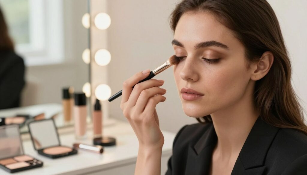 A close-up portrait of a woman in professional attire applying concealer beneath her eyes to cover dark circles. The foreground features her focused expression and delicate hand holding a makeup brush, skillfully blending the product. In the middle of the image, a well-organized vanity table is visible with makeup products neatly arranged, reflecting a clean and sophisticated style. The background softly blurs to reveal a softly lit room with natural light streaming in, creating a warm and inviting atmosphere. The mood is calm and empowering, highlighting the art of makeup correction with elegance and expertise. Use diffused lighting to enhance the natural beauty of the subject. A close-up portrait of a woman in professional attire applying concealer beneath her eyes to cover dark circles. The foreground features her focused expression and delicate hand holding a makeup brush, skillfully blending the product. In the middle of the image, a well-organized vanity table is visible with makeup products neatly arranged, reflecting a clean and sophisticated style. The background softly blurs to reveal a softly lit room with natural light streaming in, creating a warm and inviting atmosphere. The mood is calm and empowering, highlighting the art of makeup correction with elegance and expertise. Use diffused lighting to enhance the natural beauty of the subject.