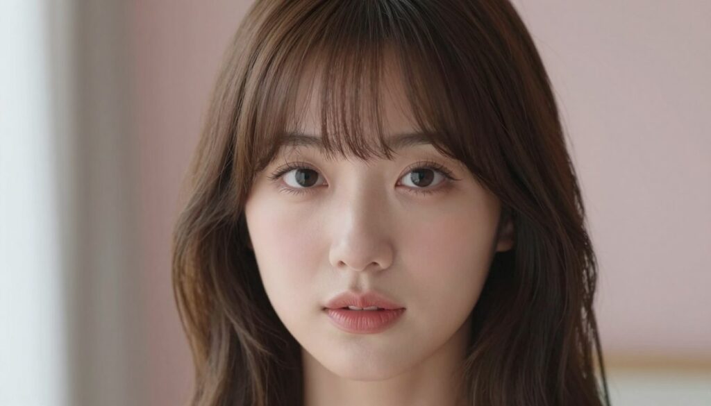 A close-up portrait of a woman with a round face featuring a stylish fringe that beautifully contours her features. The foreground captures the woman's radiant expression with soft, natural makeup that highlights her eyes and cheekbones. In the middle, her hair frames her face, with the fringe softly cascading over her forehead, enhancing her facial structure. The background is softly blurred, featuring muted pastel colors that create a serene atmosphere. The lighting is soft and diffused, coming from a window to the left, casting gentle shadows that add depth to her visage. The image should exude a sense of elegance and confidence, showcasing the transformative power of a well-styled fringe for round faces. A close-up portrait of a woman with a round face featuring a stylish fringe that beautifully contours her features. The foreground captures the woman's radiant expression with soft, natural makeup that highlights her eyes and cheekbones. In the middle, her hair frames her face, with the fringe softly cascading over her forehead, enhancing her facial structure. The background is softly blurred, featuring muted pastel colors that create a serene atmosphere. The lighting is soft and diffused, coming from a window to the left, casting gentle shadows that add depth to her visage. The image should exude a sense of elegance and confidence, showcasing the transformative power of a well-styled fringe for round faces.