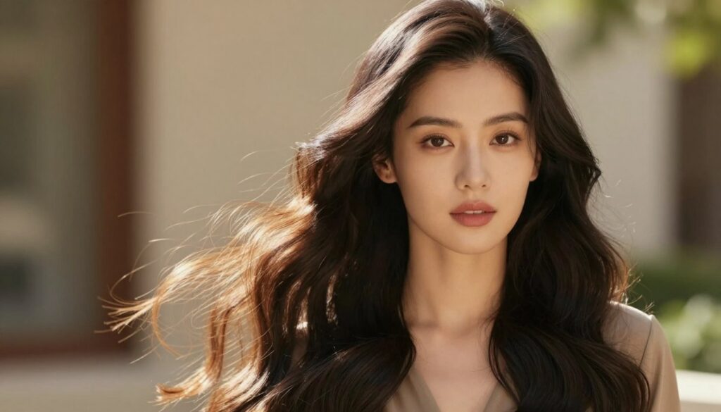 A close-up portrait of a woman with long, flowing hair styled in soft, elegant waves, exuding a sense of effortless beauty. The hair should be glossy and well-defined, cascading over her shoulders and catching the light. Her expression is serene and confident, embodying a modern yet timeless look. She wears a modest, fashionable outfit, perhaps a simple blouse or dress, which complements her hairstyle without overshadowing it. The background is softly blurred, featuring a warm, inviting environment, like a sunlit room or an outdoor setting with gentle greenery. The lighting is natural, highlighting the texture of her hair and creating a warm, uplifting atmosphere. The angle captures her from slightly above, allowing the waves of her hair to take center stage.