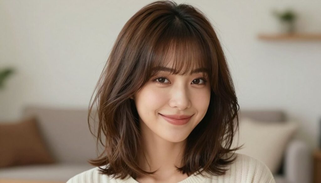 A close-up portrait of a woman with stylish grzywka curtain bangs, showcasing a fresh and modern hairdo. Her hair is medium-length and has a soft, layered texture, with the bangs gracefully framing her face. The woman has a warm, inviting smile, and is dressed in a stylish yet modest casual outfit, enhancing the look. The lighting is soft and natural, creating a gentle glow that highlights the shine of her hair. The background is a blurred, cozy indoor setting, perhaps a tastefully decorated living room, adding a sense of comfort and relaxation to the scene. The overall mood is cheerful and trendy, perfect for illustrating modern hair styling. A close-up portrait of a woman with stylish grzywka curtain bangs, showcasing a fresh and modern hairdo. Her hair is medium-length and has a soft, layered texture, with the bangs gracefully framing her face. The woman has a warm, inviting smile, and is dressed in a stylish yet modest casual outfit, enhancing the look. The lighting is soft and natural, creating a gentle glow that highlights the shine of her hair. The background is a blurred, cozy indoor setting, perhaps a tastefully decorated living room, adding a sense of comfort and relaxation to the scene. The overall mood is cheerful and trendy, perfect for illustrating modern hair styling.