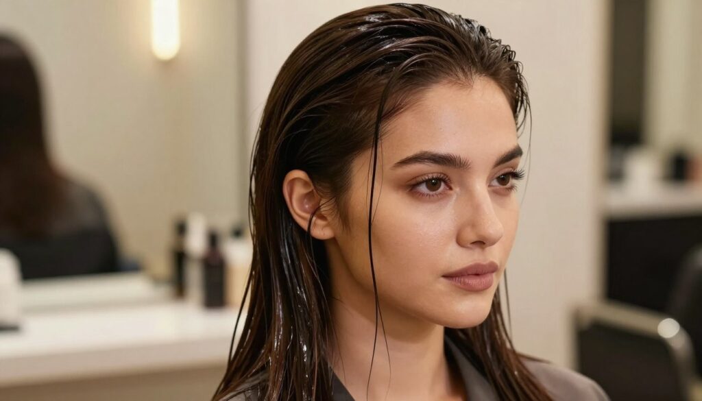 A close-up portrait of a woman with wet, sleek hair styled in a 'mokrych włosów' look, showcasing the smooth, glossy texture of her hair. The foreground features her hair styled neatly back, with delicate strands cascading down her shoulders. In the middle ground, her face is framed beautifully, exuding a confident and serene expression, adorned with natural makeup. The background features a softly blurred salon setting with warm lighting, creating an inviting, professional atmosphere. The image is shot with a shallow depth of field, emphasizing the hair's shine and definition. The overall mood is fresh and modern, perfect for demonstrating the step-by-step styling technique. Ensure the woman is dressed in a stylish, modest outfit appropriate for a beauty setting.