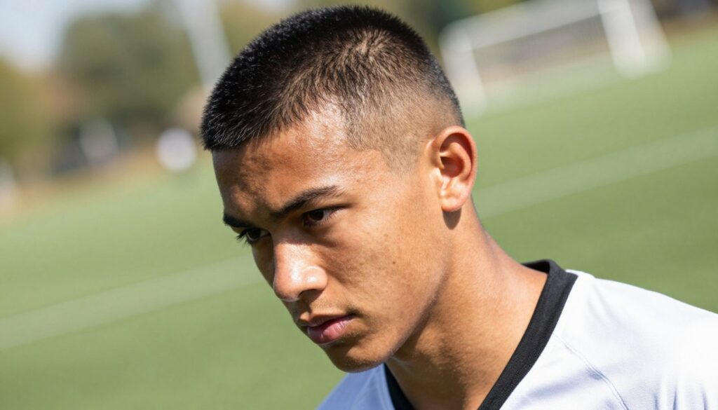 A close-up portrait of a young male soccer player with a buzz cut, showcasing the clean, short hairstyle that is tightly trimmed on the sides and back, with slightly longer hair on top. The player has a focused expression, emphasizing determination and athleticism. The background features a blurred soccer field, enhancing the sports theme. Natural daylight illuminates the scene, creating a bright and vibrant atmosphere. The angle is slightly tilted from below for a dramatic effect, highlighting the player's features and hairstyle. The subject wears a simple, modest soccer jersey, reflecting professionalism. The overall mood conveys confidence, energy, and style associated with the buzz cut hairstyle. A close-up portrait of a young male soccer player with a buzz cut, showcasing the clean, short hairstyle that is tightly trimmed on the sides and back, with slightly longer hair on top. The player has a focused expression, emphasizing determination and athleticism. The background features a blurred soccer field, enhancing the sports theme. Natural daylight illuminates the scene, creating a bright and vibrant atmosphere. The angle is slightly tilted from below for a dramatic effect, highlighting the player's features and hairstyle. The subject wears a simple, modest soccer jersey, reflecting professionalism. The overall mood conveys confidence, energy, and style associated with the buzz cut hairstyle.
