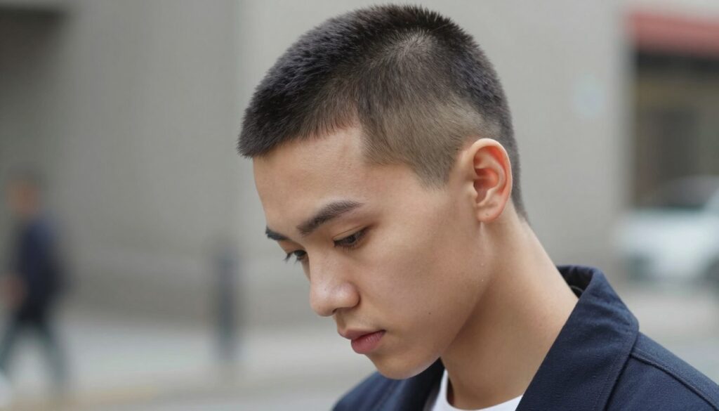 A close-up portrait of a young person with a stylish buzz cut, showcasing the clean lines and texture of their hair. The subject is dressed in a smart casual outfit, exuding confidence and modernity. Soft, diffused lighting highlights the hair's details while casting gentle shadows, creating depth. The background is a muted, blurred urban setting that suggests a contemporary lifestyle, helping to focus attention on the subject. The angle is slightly elevated, allowing for a dynamic perspective that showcases the buzz cut effectively. The atmosphere is vibrant yet relaxed, reflecting a trendy youth culture that complements the hairstyle choice.
